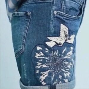 Pilcro Blue and White Jean Shorts with Artistic Floral Design